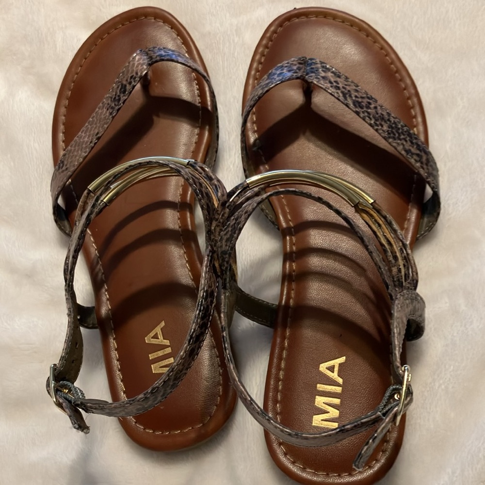 MIA Women's Snakeskin Gladiator Wrap Sandals Flat Size 8 - Brown Goldtone Detail